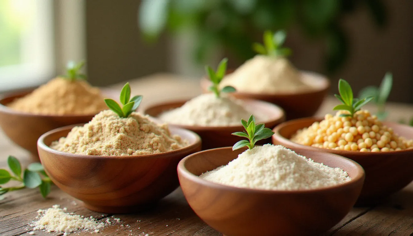 Collection de farines naturellement sans gluten utilisées en cuisine alternative — châtaigne, sarrasin, pois chiche, teff et riz — présentées dans des bols en bois sur fond rustique