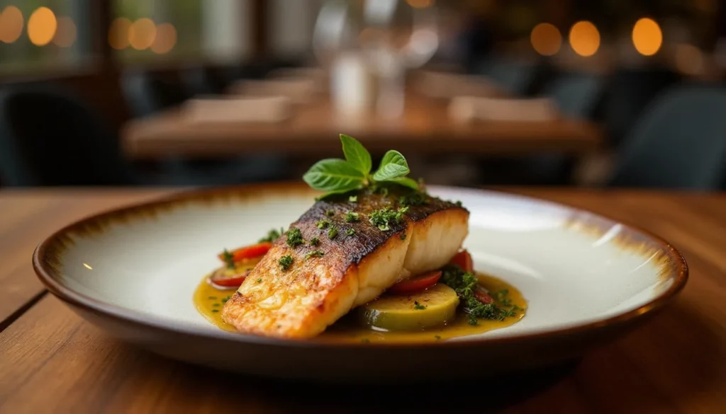 restaurant sans gluten saint etienne featured Plat sans gluten gastronomique servi dans un restaurant de Saint-Étienne, bar grillé accompagné de légumes rôtis et herbes fraîches