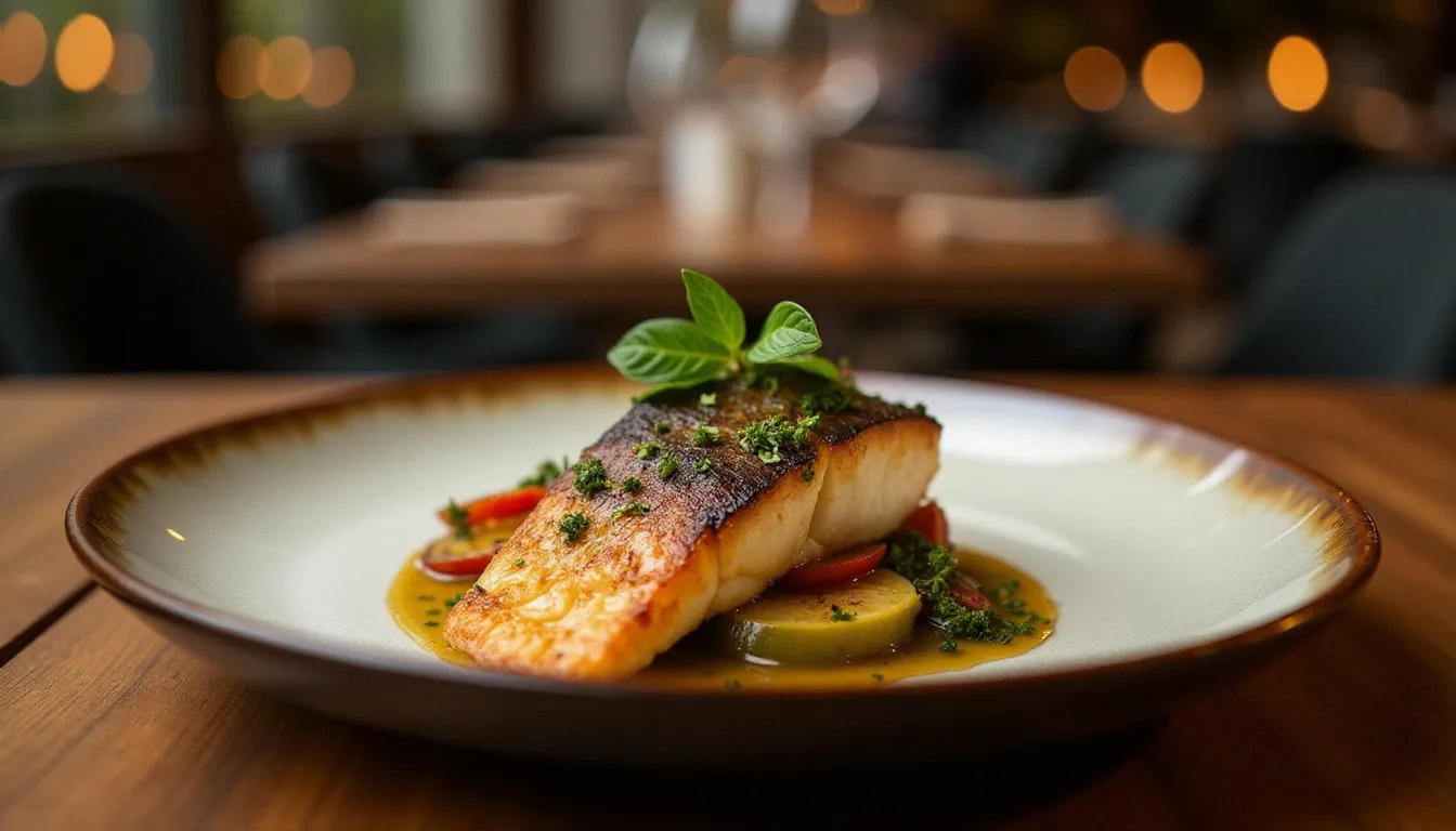 Plat sans gluten gastronomique servi dans un restaurant de Saint-Étienne, bar grillé accompagné de légumes rôtis et herbes fraîches
