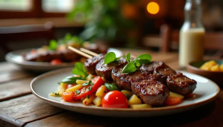 Assiette de brochettes d'agneau grillées sans gluten avec légumes rôtis et herbes fraîches, servie dans un restaurant méditerranéen à Vichy