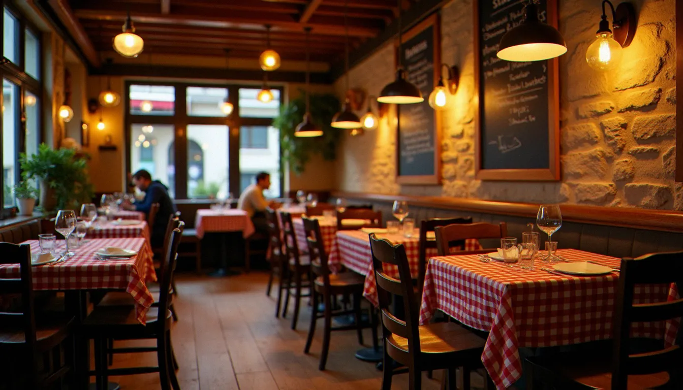 Intérieur chaleureux d'un restaurant sans souci à Lyon, tables en bois et nappes à carreaux dans un bouchon lyonnais traditionnel
