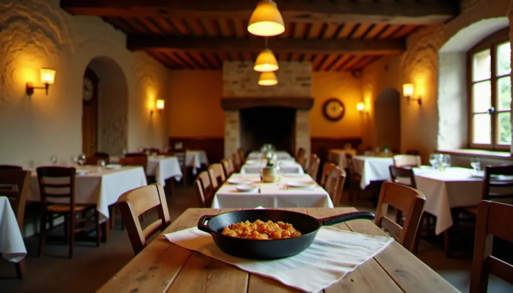 restaurant sansac de marmiesse featured Salle de restaurant typique du Cantal avec murs en pierre, tables en bois et une truffade dans une poêle en fonte, ambiance chaleureuse illustrant le restaurant Sansac de Marmiesse