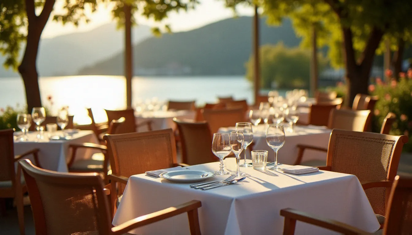 Terrasse d'un restaurant à Aix-les-Bains avec vue sur le lac du Bourget en arrière-plan, tables dressées en blanc sous la lumière dorée de l'après-midi