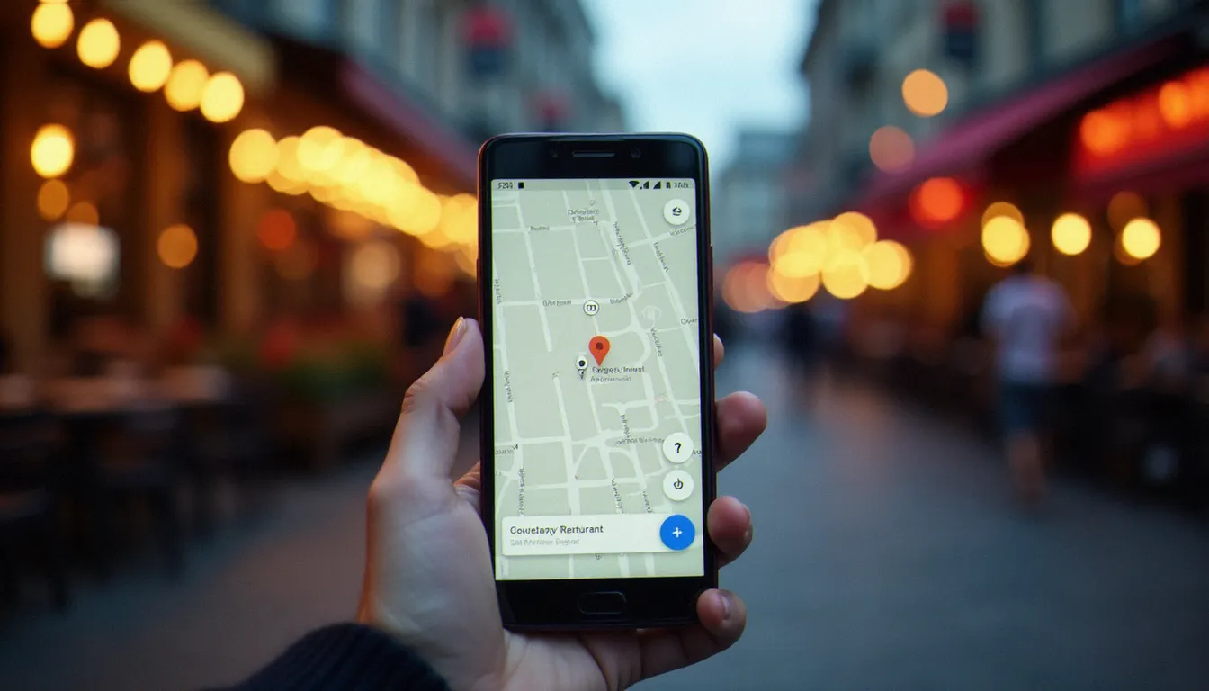 Une personne cherchant un restaurant autour d'elle sur son smartphone dans une rue commerçante en soirée, avec des devantures de restaurants visibles en arrière-plan