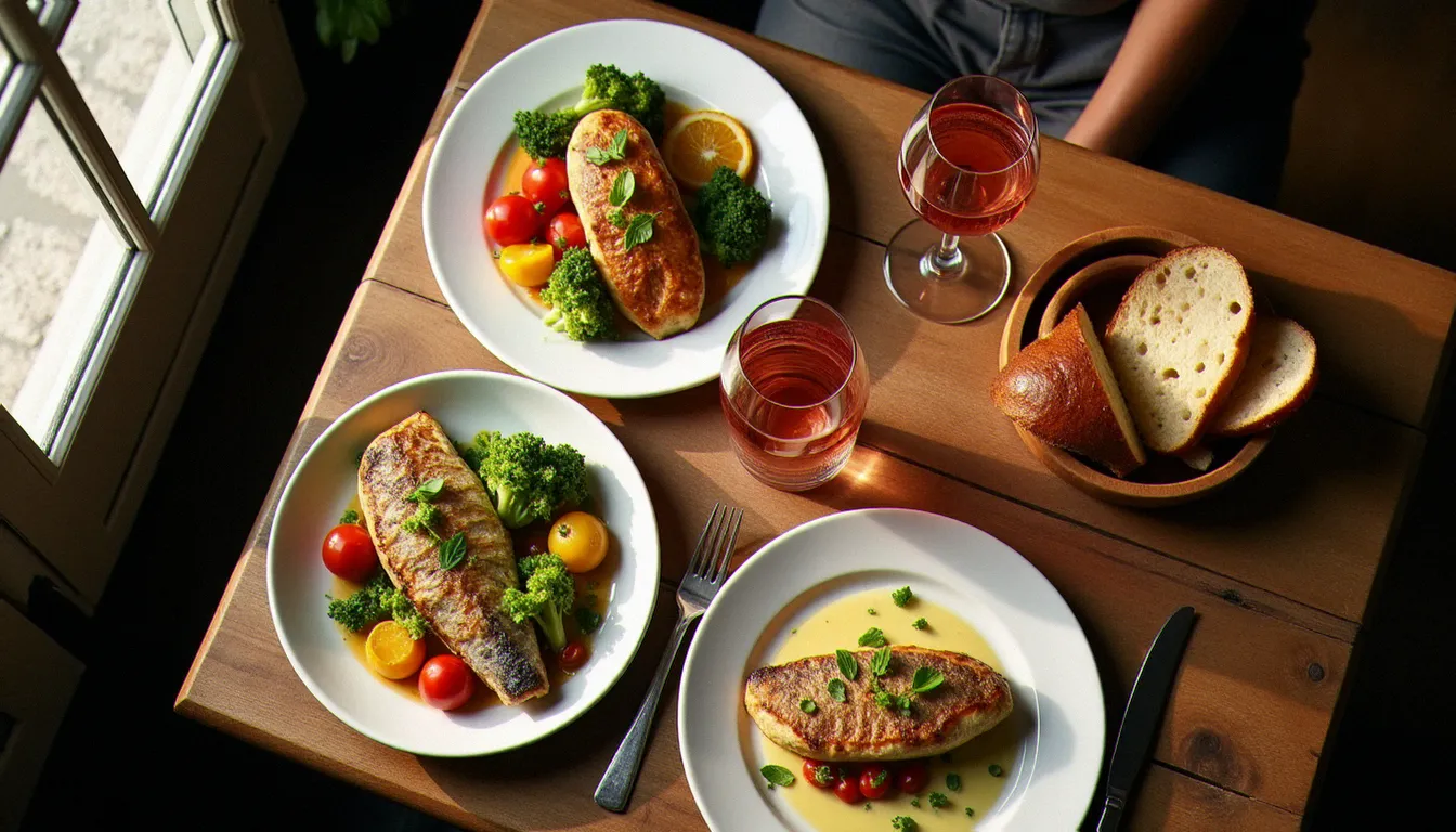 Table dressée dans un restaurant de quartier méditerranéen avec des plats traditionnels, pain frais et carafe de rosé, ambiance chaleureuse et authentique