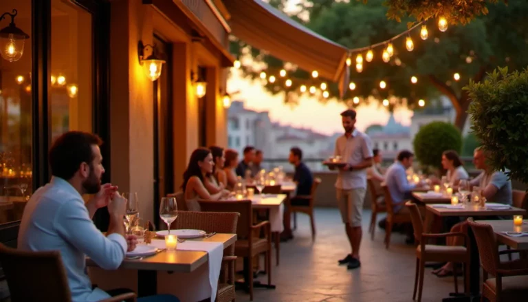 Terrasse animée d'un restaurant méditerranéen au coucher du soleil, tables dressées et convives attablés, illustrant la recherche d'un restaurant autour de moi