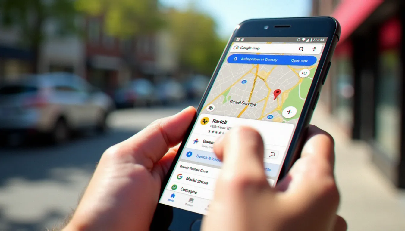 Main tenant un smartphone affichant une recherche de restaurants ouverts maintenant sur Google Maps, en plein air dans une rue commerçante