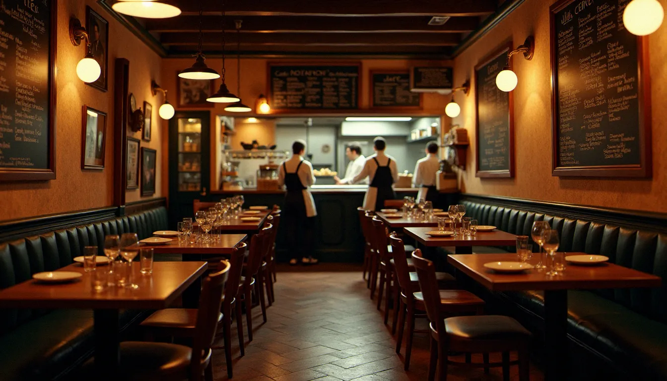 Intérieur chaleureux d'un bistrot français animé pendant le service du midi, avec une salle pleine et une ambiance conviviale typique des restaurants de brasserie ouverts en continu