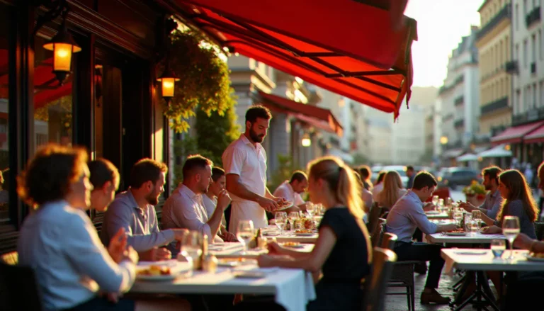 Terrasse animée d'une brasserie française ouverte à l'heure du déjeuner, avec des clients attablés et un serveur — illustration d'un restaurant autour de moi ouvert actuellement