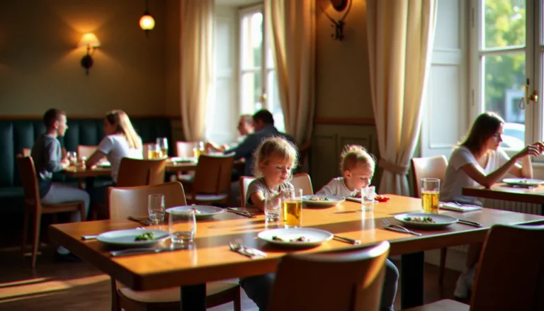 Salle d'un restaurant avec enfants à Lyon, tables familiales avec chaises hautes et menus colorés pour les petits