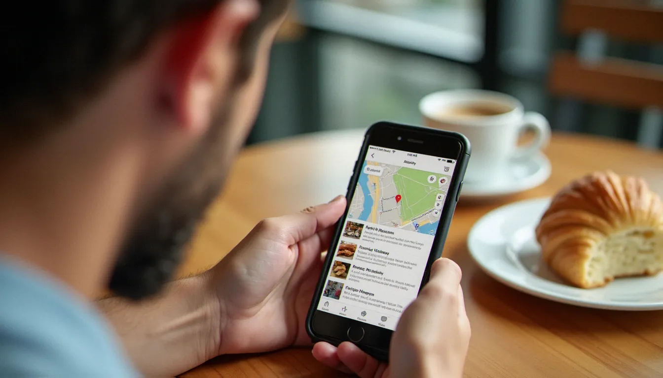 Parent utilisant Google Maps sur son téléphone pour rechercher un restaurant avec espace jeux autour de lui, attablé dans un café