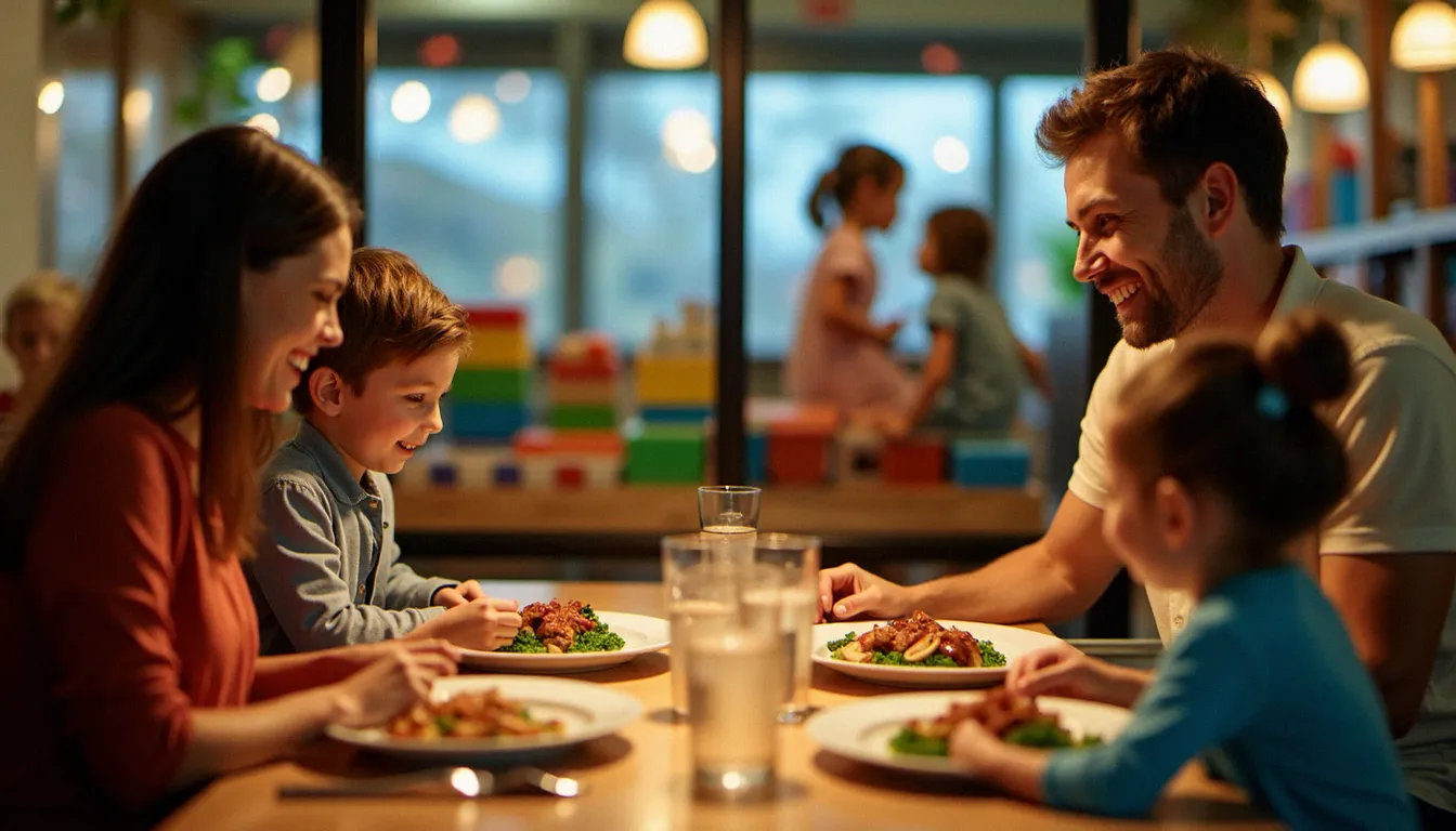 Famille détendue à table dans un restaurant famille, les enfants jouant dans une salle de jeux intérieure visible depuis les parents attablés