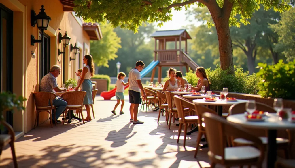 restaurant avec espace jeux autour de moi featured Terrasse d'un restaurant avec espace jeux extérieur où des enfants jouent sur une structure en bois pendant que leurs parents déjeunent à proximité