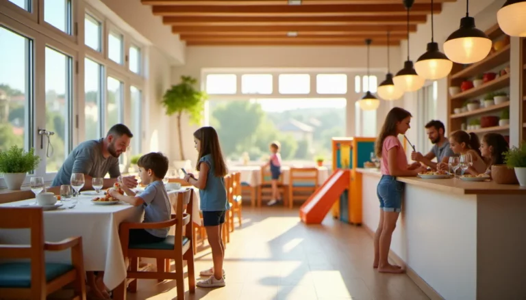 Salle de restaurant avec jeux enfants visible en arrière-plan, parents attablés et enfants qui jouent dans un espace coloré et sécurisé