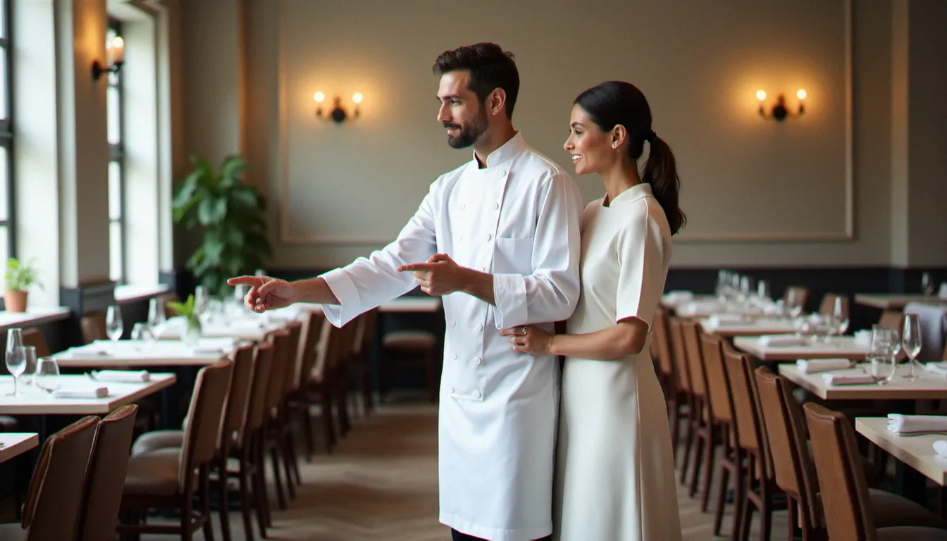 Un restaurateur présente une salle privée vide à un couple lors d'une visite de repérage avant réservation pour un anniversaire