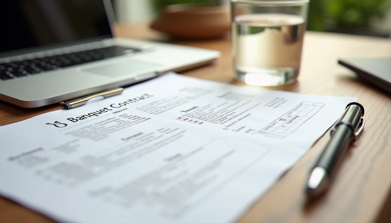 Contrat de réservation d'une salle privée de restaurant posé sur une table en bois avec un stylo, représentant les démarches administratives pour organiser un anniversaire