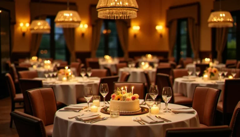 Salle privée d'un restaurant méditerranéen décorée pour un anniversaire, avec nappes blanches, bougies et gâteau d'anniversaire au centre, idéale pour un restaurant avec salle privée pour anniversaire