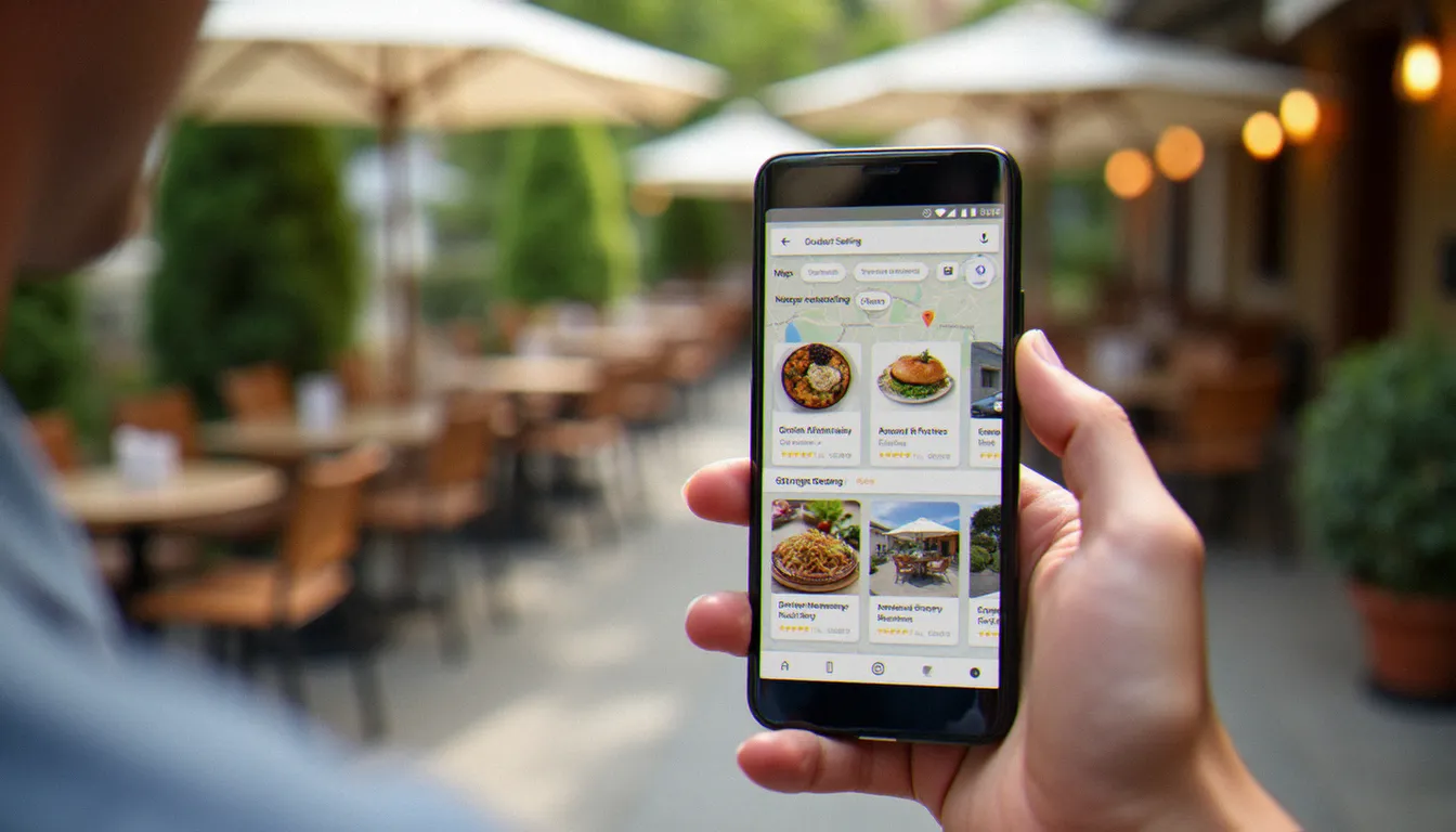 Recherche de restaurant avec terrasse sur smartphone via Google Maps, résultats géolocalisés affichés en plein air