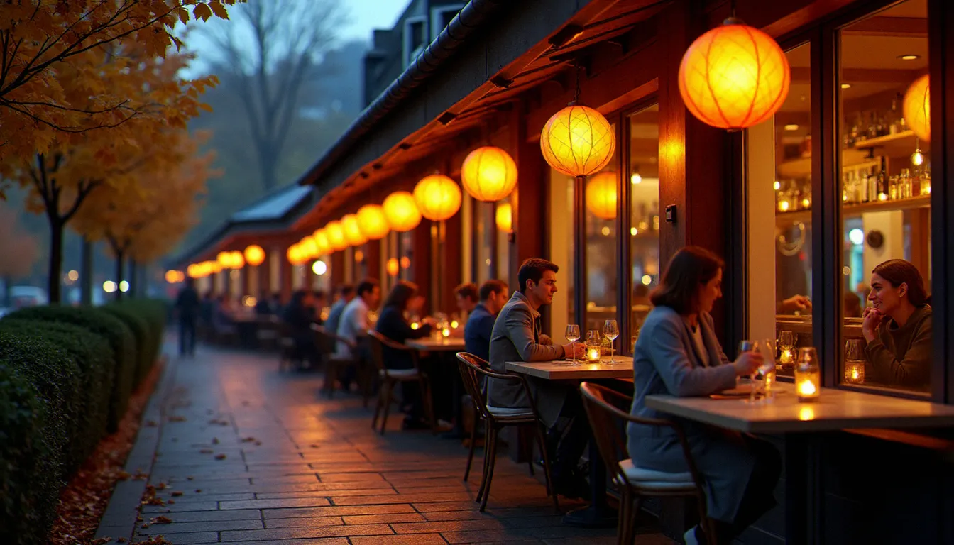 Terrasse couverte et chauffée d'un restaurant en saison intermédiaire, panneaux vitrés et parasols chauffants pour prolonger la saison des repas en plein air
