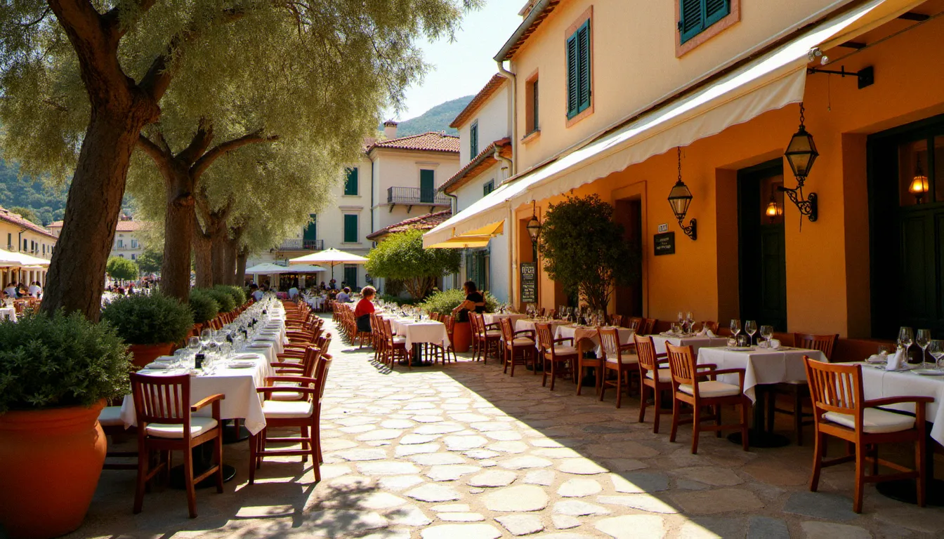 Terrasse ensoleillée d'un restaurant avec terrasse autour de moi, tables en bois et végétation méditerranéenne, ambiance déjeuner en plein air