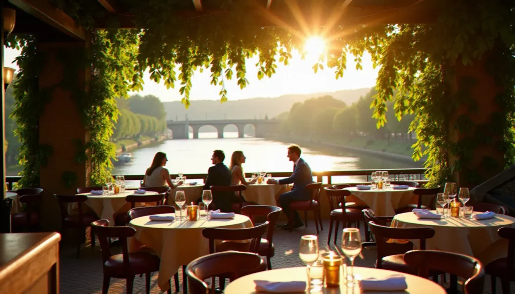 restaurant avec terrasse lyon featured Terrasse ensoleillée d'un restaurant avec terrasse à Lyon donnant sur la Saône, tables rondes en bois et verres à vin, lumière dorée de fin d'après-midi