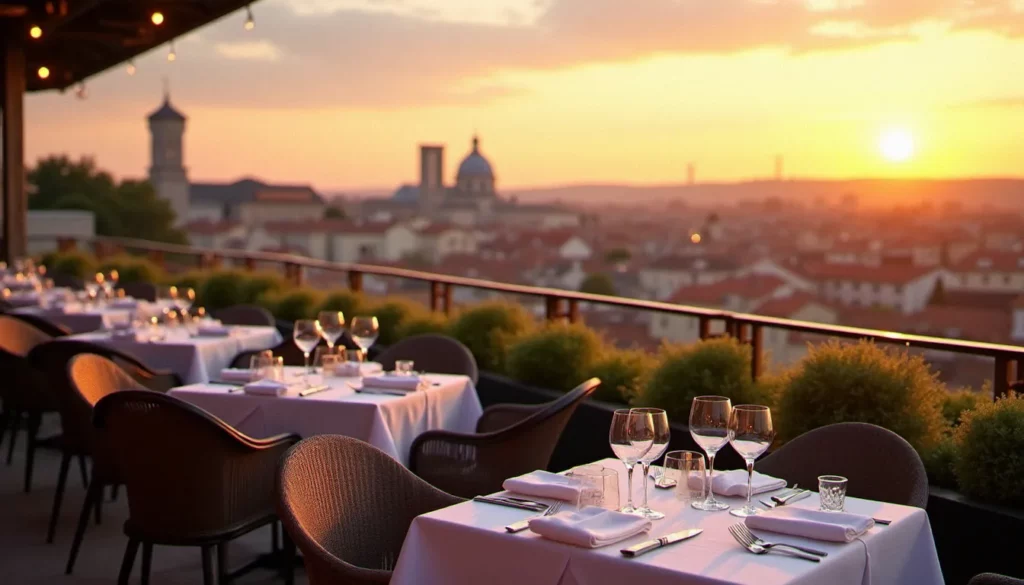 restaurant avec vue lyon featured Terrasse d'un restaurant avec vue Lyon au coucher du soleil, tables dressées et panorama sur la basilique de Fourvière et la Saône