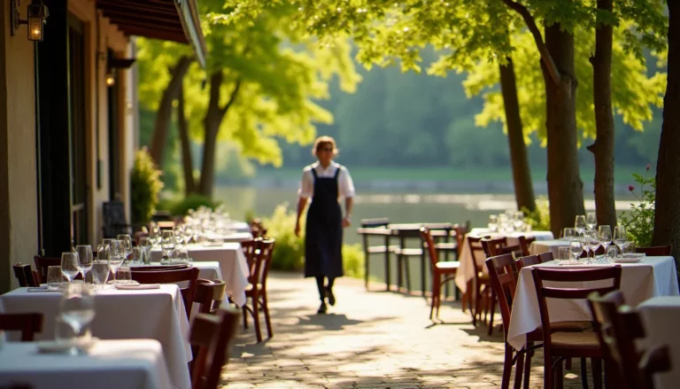 Terrasse d'un restaurant Bellerive sur Allier en bord d'Allier, tables dressées sous le soleil de fin d'après-midi avec vue sur le fleuve