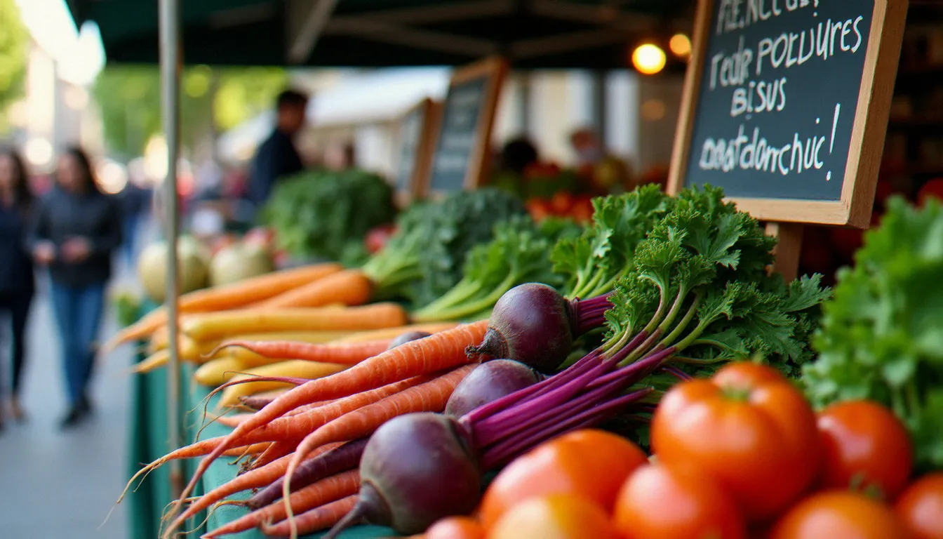 Étal de légumes biologiques locaux sur un marché de producteurs en Auvergne, variétés anciennes colorées exposées à la lumière du matin
