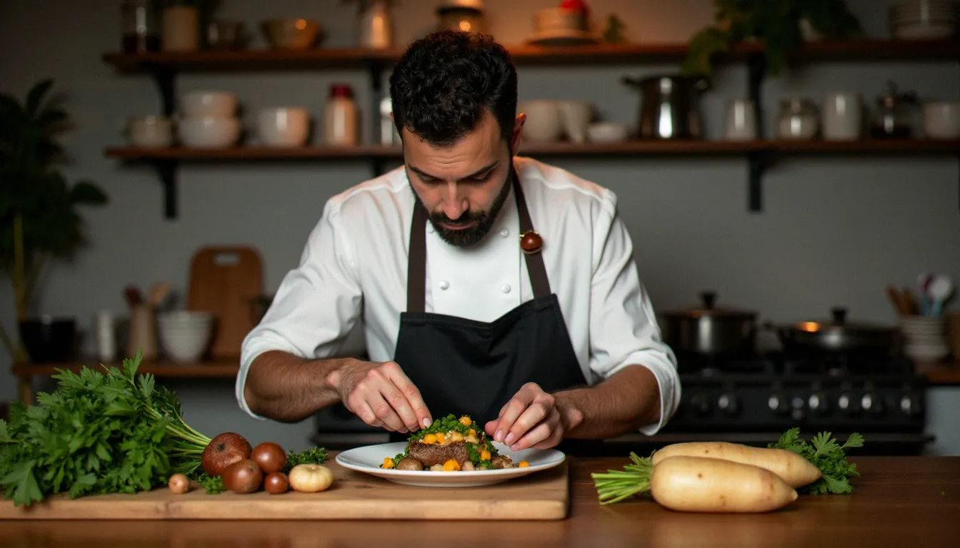 Chef en tablier blanc préparant une assiette avec des légumes biologiques de saison dans la cuisine d'un restaurant engagé