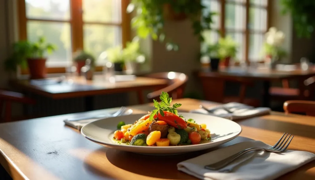 restaurant bio clermont ferrand featured Assiette de légumes de saison rôtis dans un restaurant bio à Clermont-Ferrand, lumière naturelle et décor en bois chaleureux
