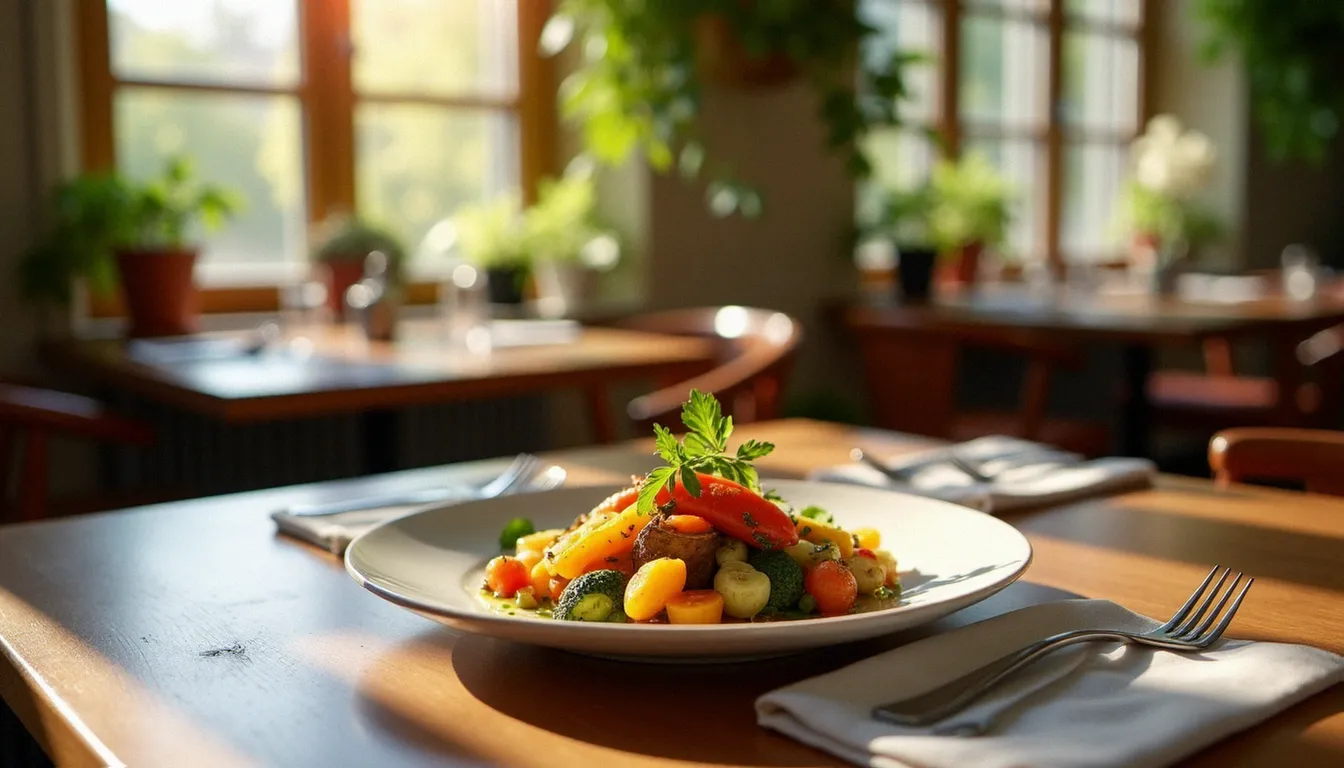 Assiette de légumes de saison rôtis dans un restaurant bio à Clermont-Ferrand, lumière naturelle et décor en bois chaleureux