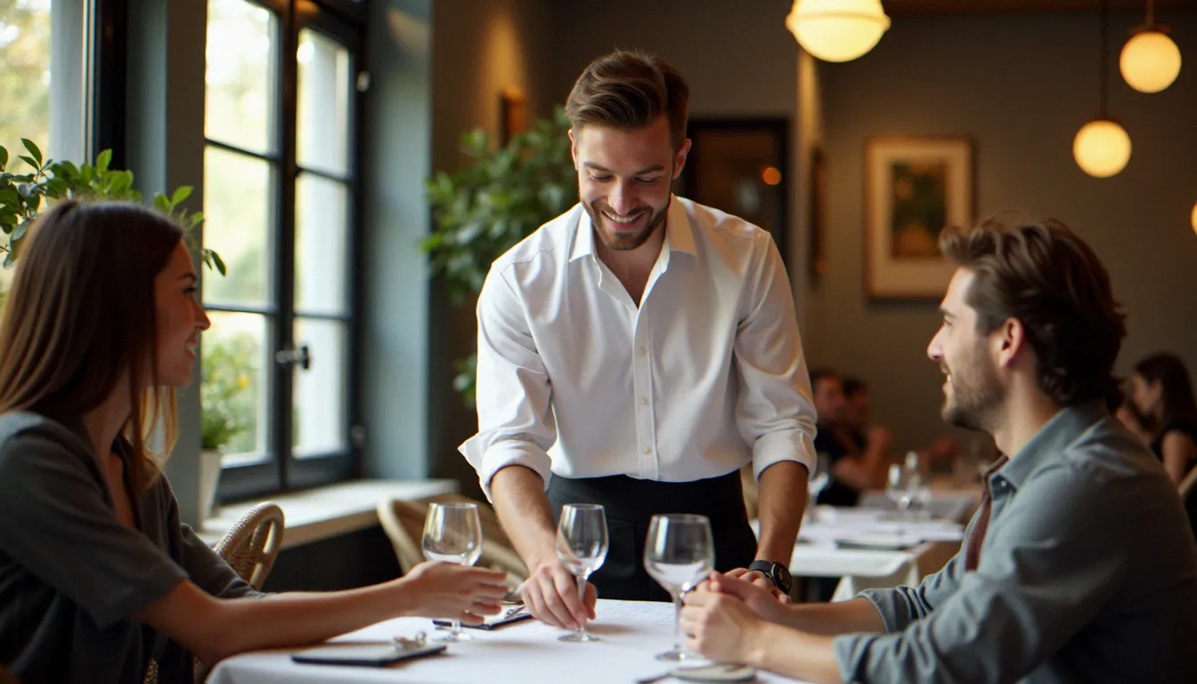 Serveur professionnel en train de prendre une commande avec attention et contact visuel dans un restaurant de style méditerranéen