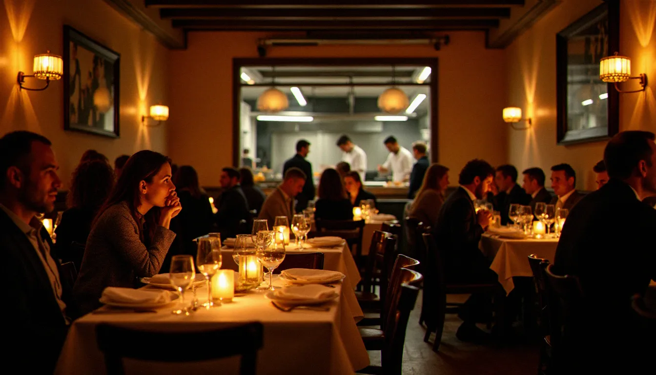 Salle de restaurant animée lors d'un service du soir avec des convives en conversation, bougies allumées et cuisine visible en arrière-plan
