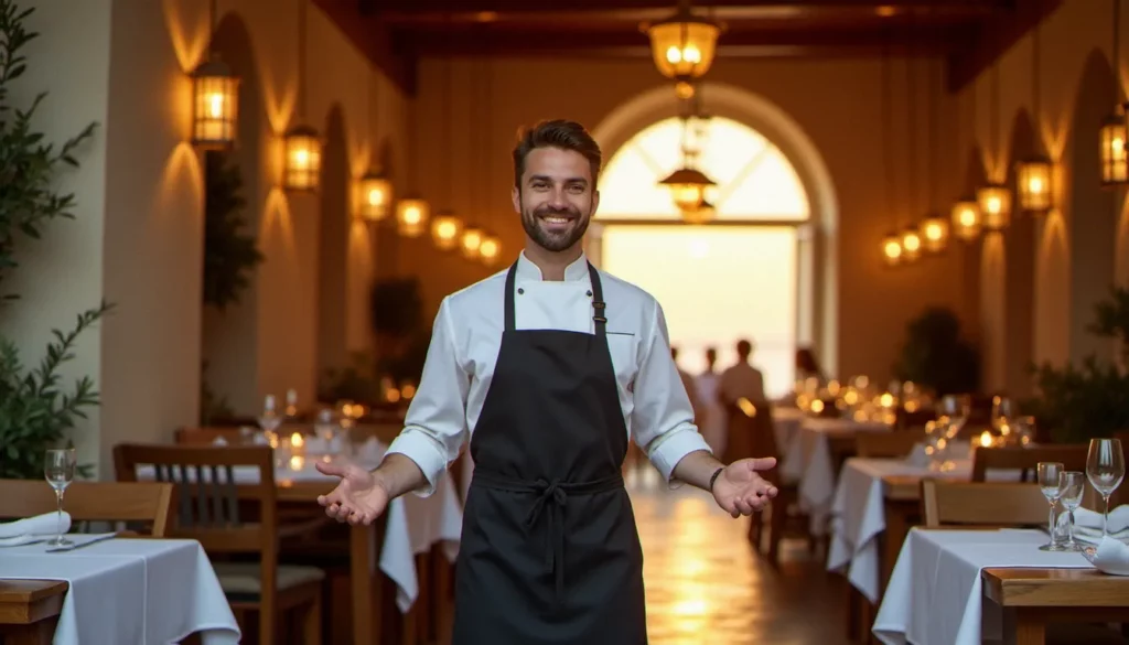 restaurant comment ca va featured Intérieur d'un restaurant méditerranéen chaleureux avec un serveur souriant accueillant des clients à l'entrée, illustrant l'ambiance d'un restaurant comment ça va