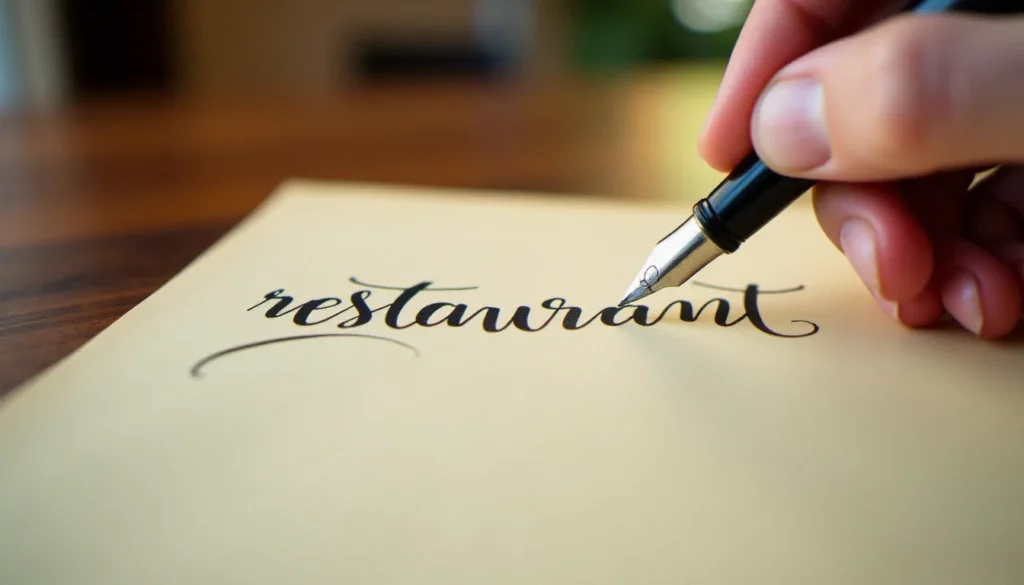 restaurant comment on ecrit featured Une main qui écrit le mot restaurant à la plume sur une carte de menu, illustration de l'orthographe correcte du mot restaurant