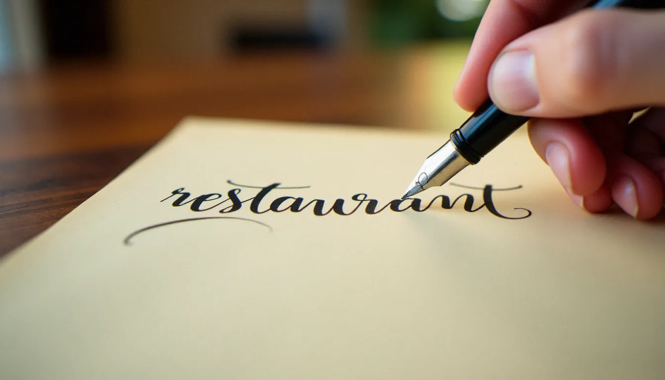 Une main qui écrit le mot restaurant à la plume sur une carte de menu, illustration de l'orthographe correcte du mot restaurant