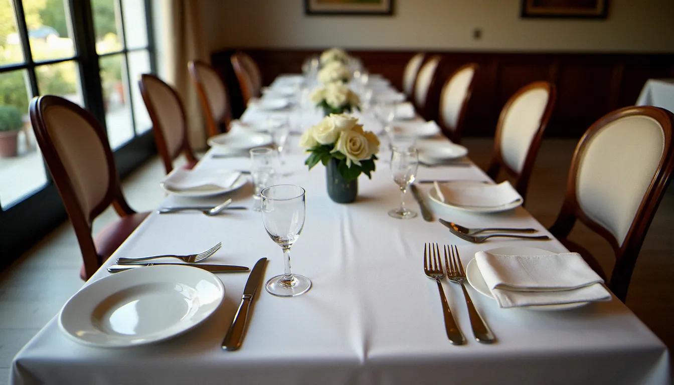 Vue de dessus d'une table de restaurant avec plusieurs couverts parallèles posés à droite des assiettes selon les codes du service à l'anglaise