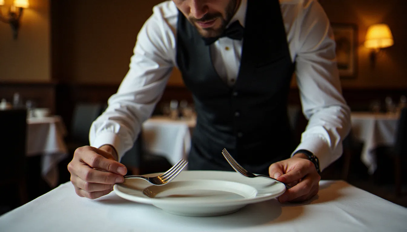 Serveur professionnel observant l'assiette d'un convive dont les couverts sont en position de pause en V dans un restaurant gastronomique