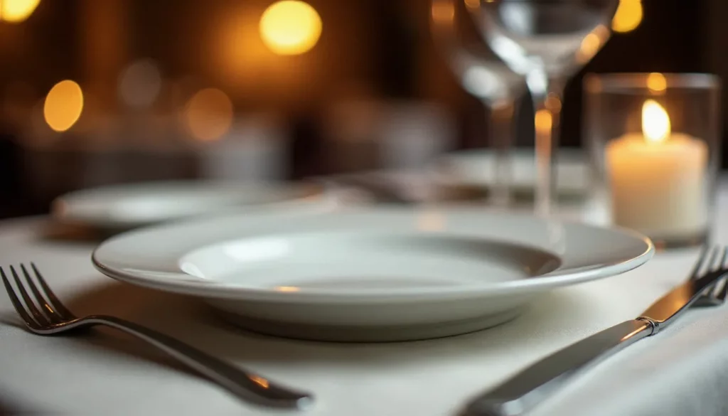 restaurant comment placer ses couverts en fin de repas featured Assiette blanche dans un restaurant avec couverts placés parallèles à droite en position de fin de repas, illustrant le placement des couverts en fin de repas au restaurant