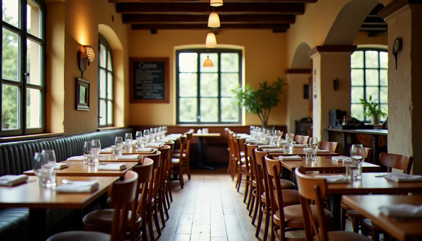 Salle de restaurant à Commentry ouverte pour le service du midi, tables dressées avec serviettes blanches et lumière naturelle