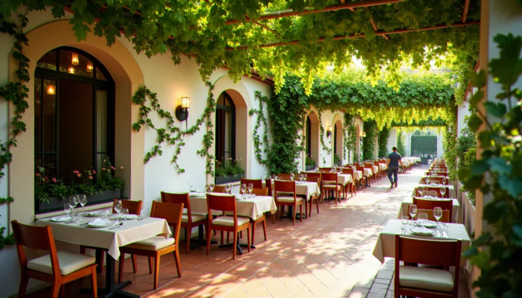 restaurant effet jardin lattes featured Terrasse d'un restaurant effet jardin à Lattes avec végétation luxuriante, pergola en bois et mobilier naturel baigné de lumière du sud