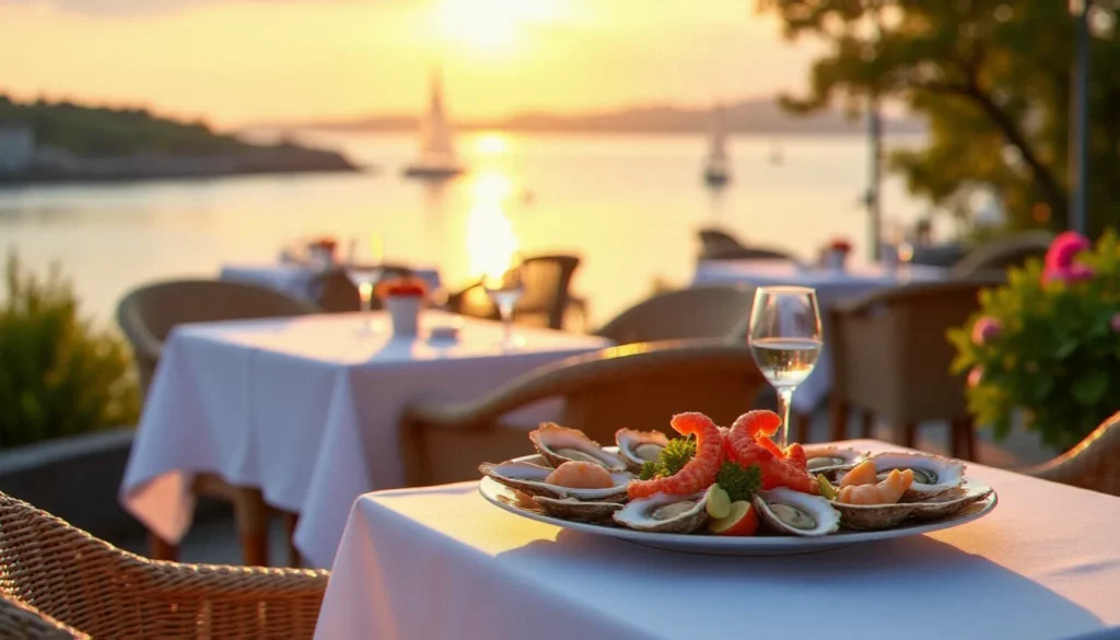 restaurant effet mer benodet featured Terrasse d'un restaurant effet mer à Bénodet avec vue sur l'estuaire de l'Odet et plateau de fruits de mer au premier plan