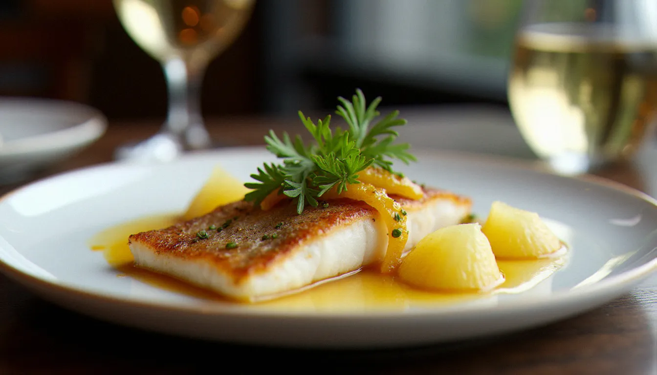 Filet de bar de ligne de l'Atlantique dressé dans l'assiette avec fenouil et agrumes, cuisine marine raffinée typique d'un restaurant effet mer à Bordeaux