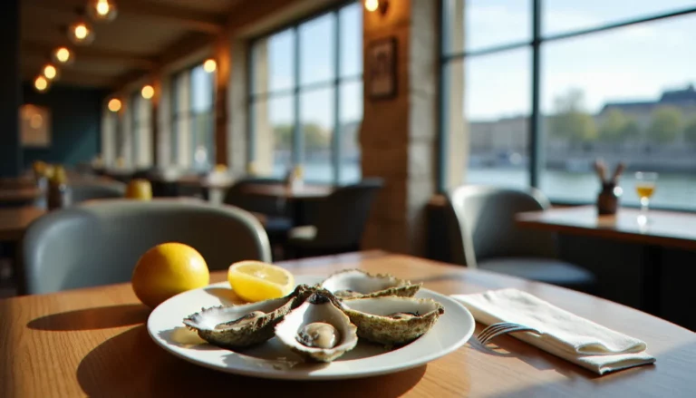 Intérieur d'un restaurant effet mer à Bordeaux avec des huîtres fraîches servies sur glace, décor en bois brut et lumière naturelle évoquant l'atmosphère maritime