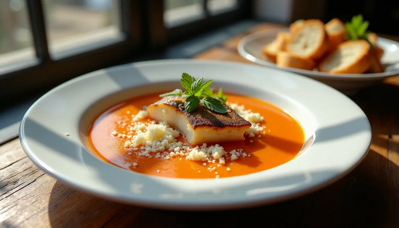 Soupe de roche maison servie dans un restaurant méditerranéen à La Grande-Motte, accompagnée de rouille, croûtons grillés et gruyère râpé