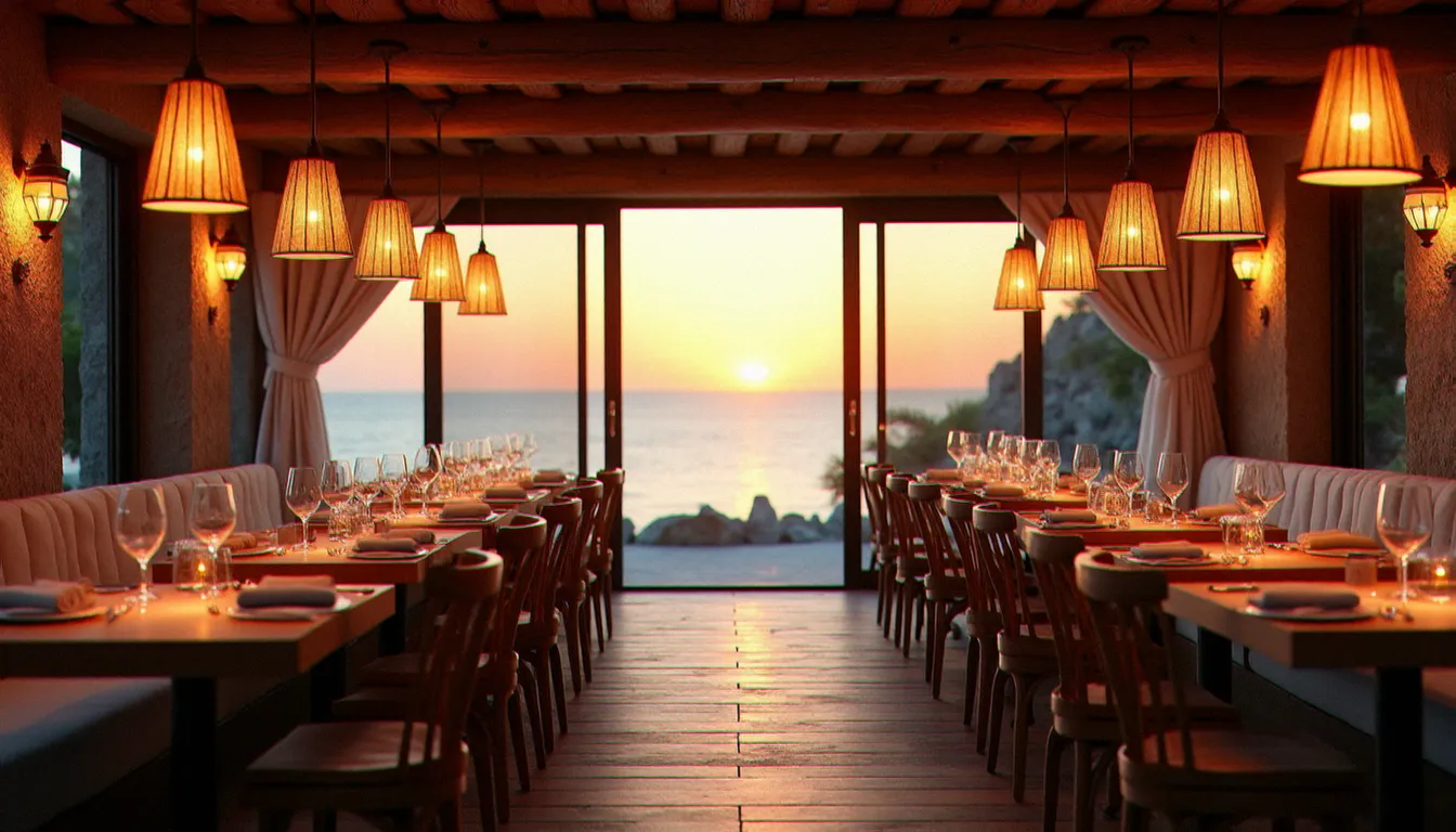 Salle intérieure d'un restaurant effet mer à La Grande-Motte au crépuscule, grandes baies vitrées ouvertes sur la Méditerranée avec un éclairage chaleureux pour le service du soir