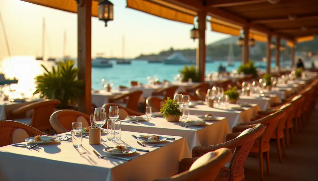 restaurant effet mer la grande motte featured Terrasse d'un restaurant effet mer à La Grande-Motte en fin d'après-midi, tables dressées face au port de plaisance avec la Méditerranée en arrière-plan