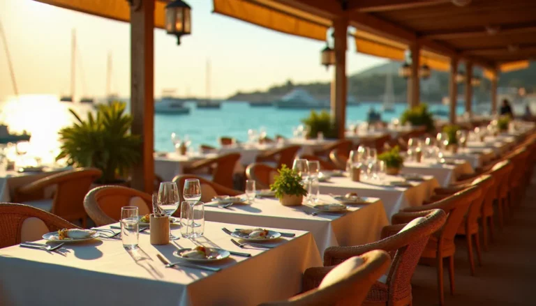 Terrasse d'un restaurant effet mer à La Grande-Motte en fin d'après-midi, tables dressées face au port de plaisance avec la Méditerranée en arrière-plan