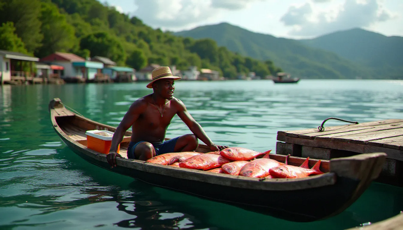 Pêcheur martiniquais déchargeant du poisson frais d'une yole traditionnelle au bord d'un quai côtier, vivaneau et dorade coryphène visibles dans la glacière