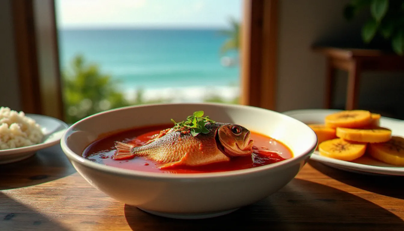 Court-bouillon de poisson martiniquais traditionnel dans un bol en céramique, vivaneau entier dans un bouillon rouge aux herbes créoles, accompagné de riz et de banane plantain